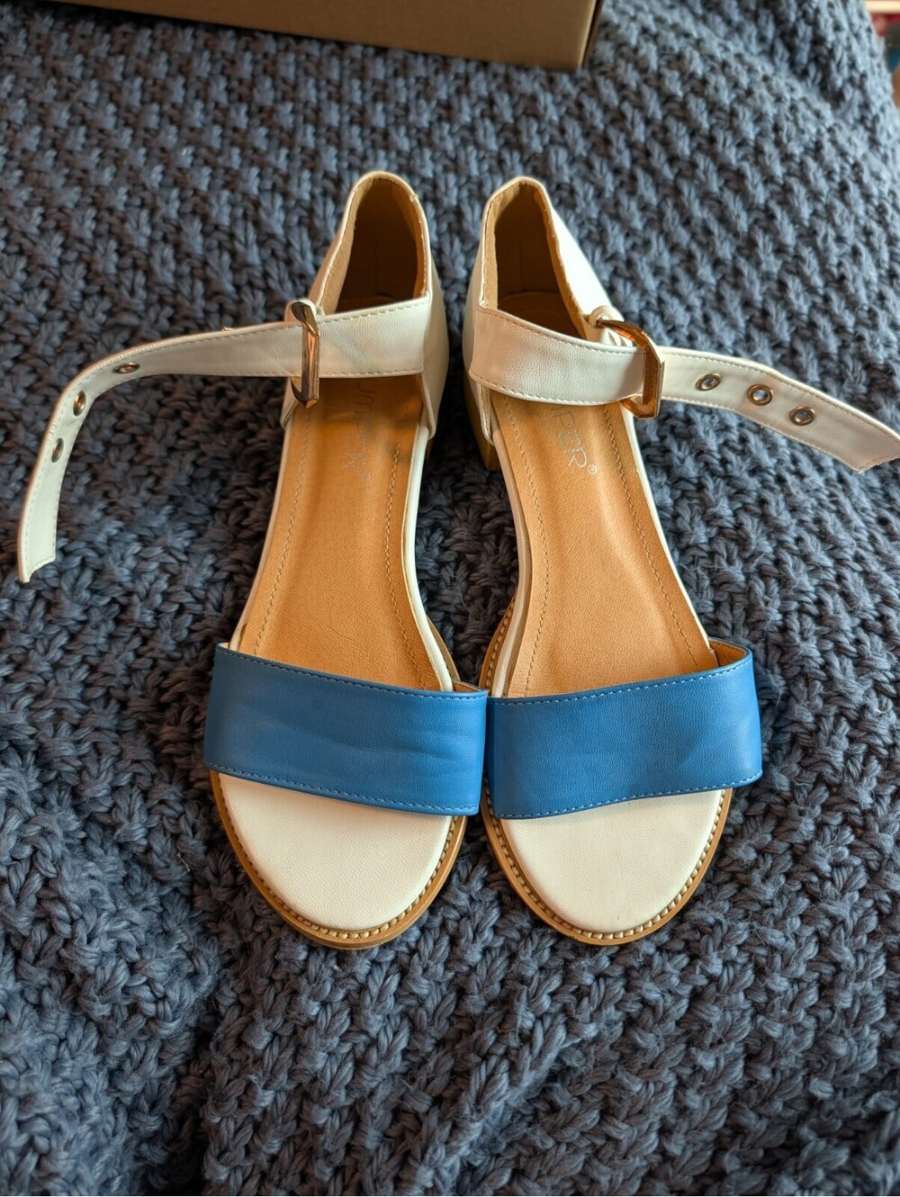 Bumper Blue And White Flat Sandals Size 8